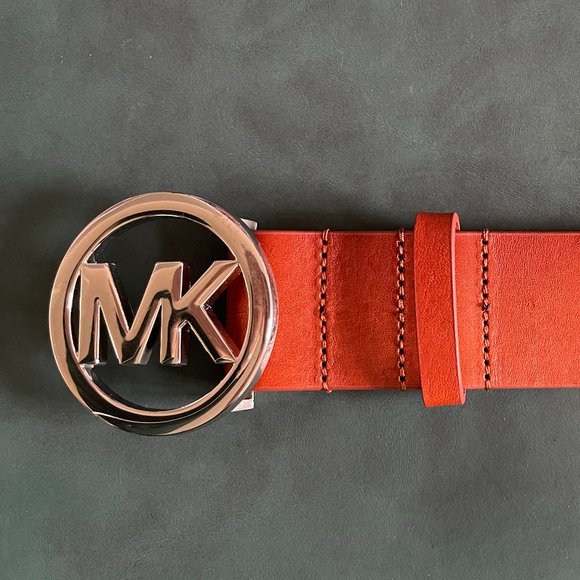 Michael Kors Genuine Leather Brown Belt with Silver MK Buckle - Picture 2 of 8